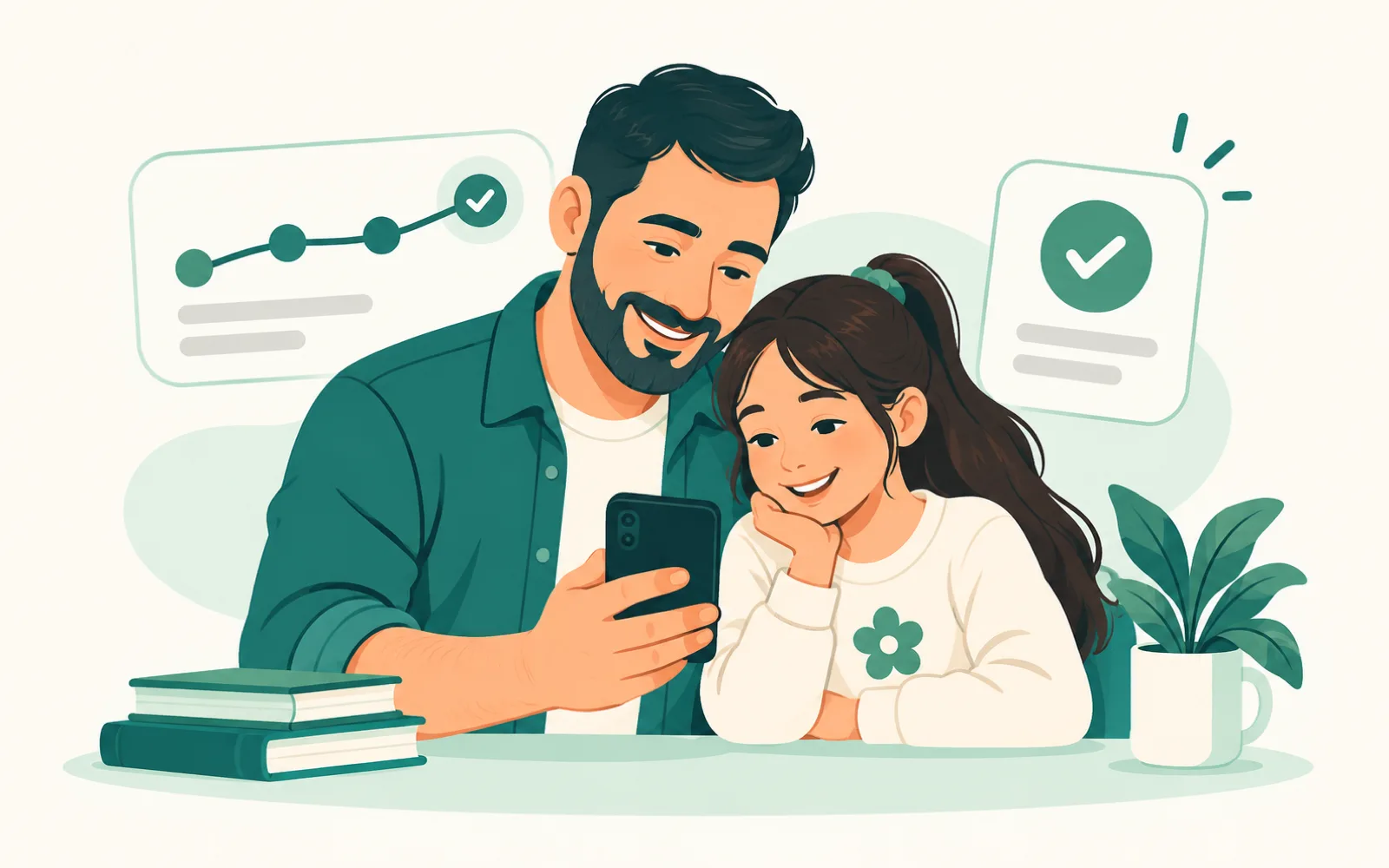 Birlikte telefondaki ilerlemeye bakan veli ve çocuk.